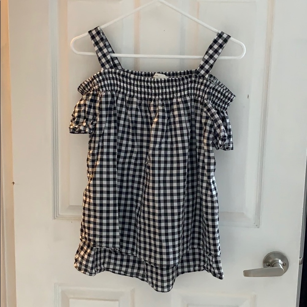 Black and white off the shoulder maternity blouse